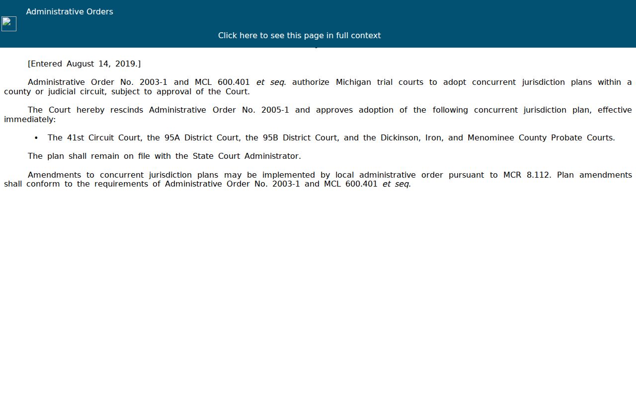 Dickinson County court calendar source showing Michigan administrative order material