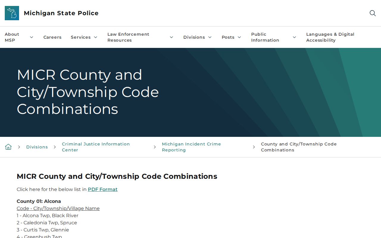 Dickinson County Norway court docket source showing Michigan county and city code information for Norway