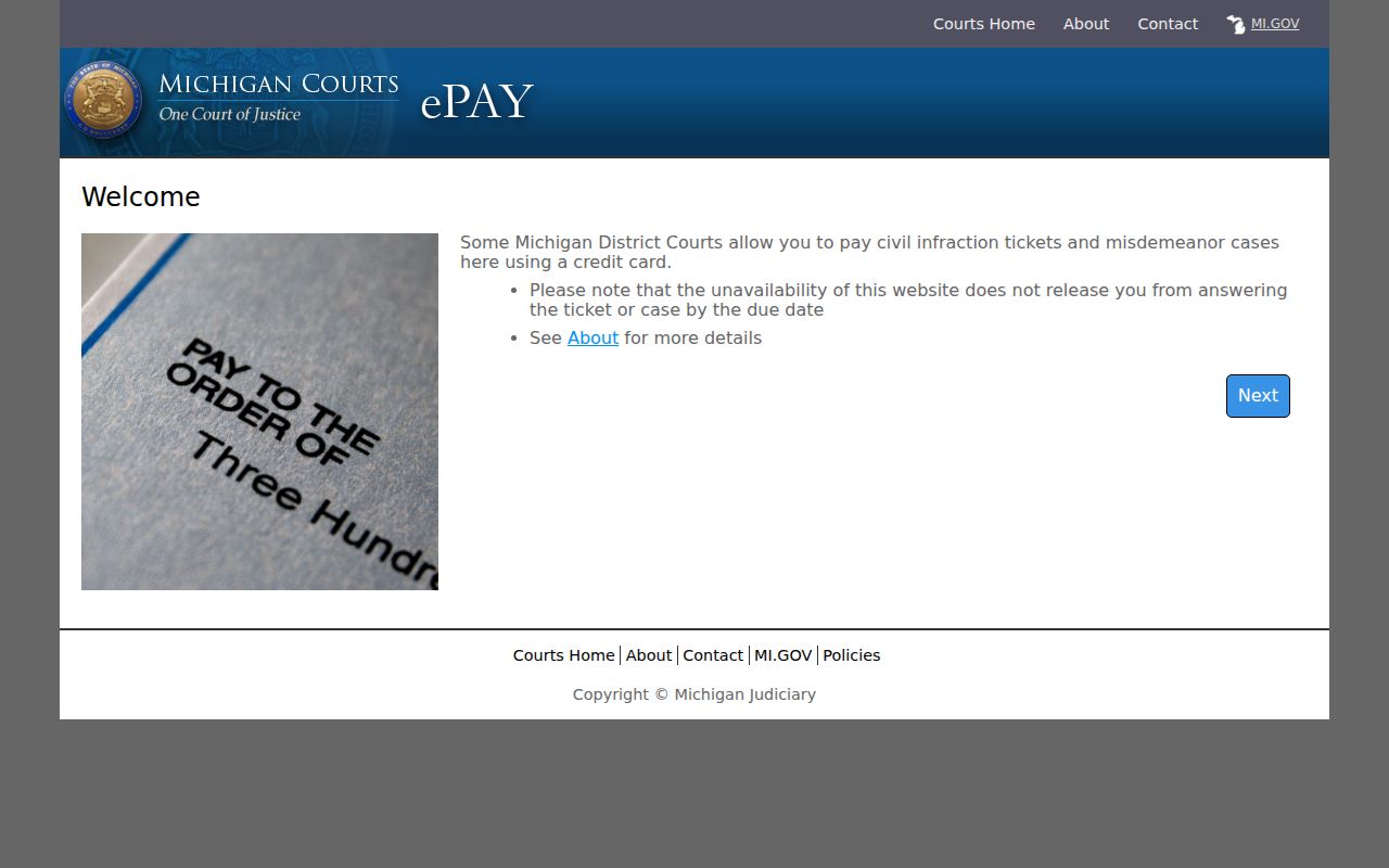 Dickinson County traffic court records source showing eCourts ticket welcome information