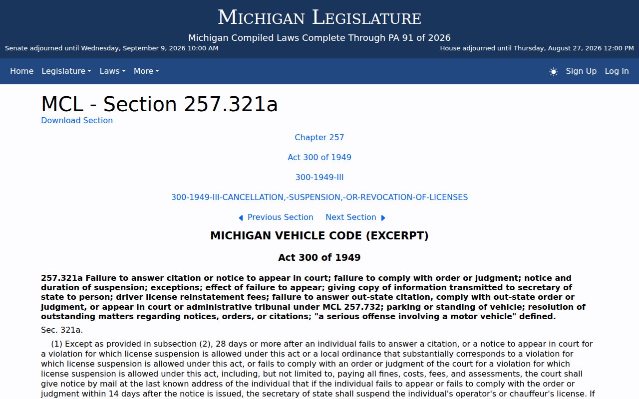 Dickinson County traffic court records source showing Michigan traffic citation statute