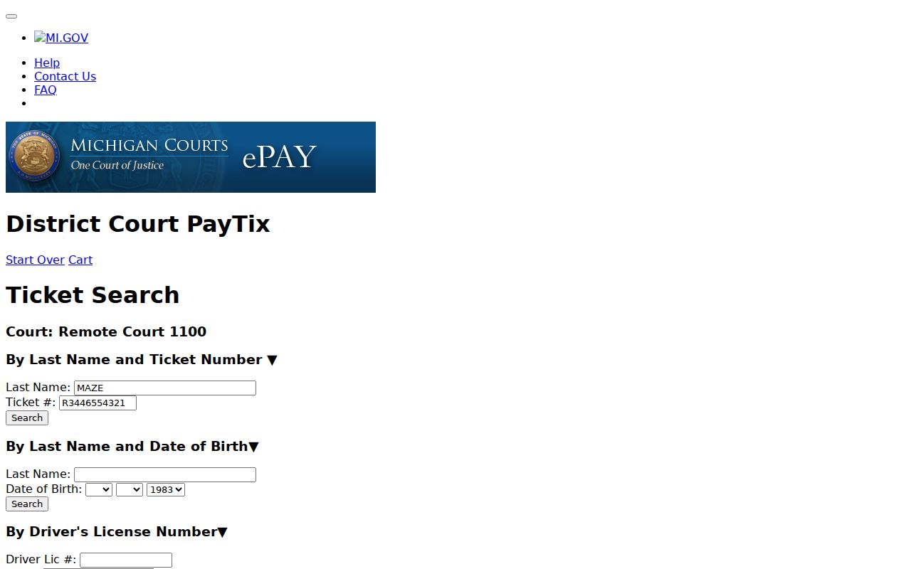 Dickinson County traffic court records source showing PayTix ticket search modes